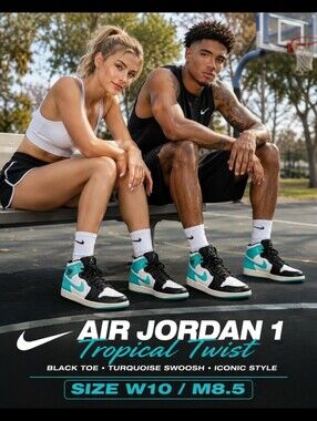 Nike Air Jordan 1 Mid Tropical Twist Black Toe Turquoise Men 8.5 / Women 10